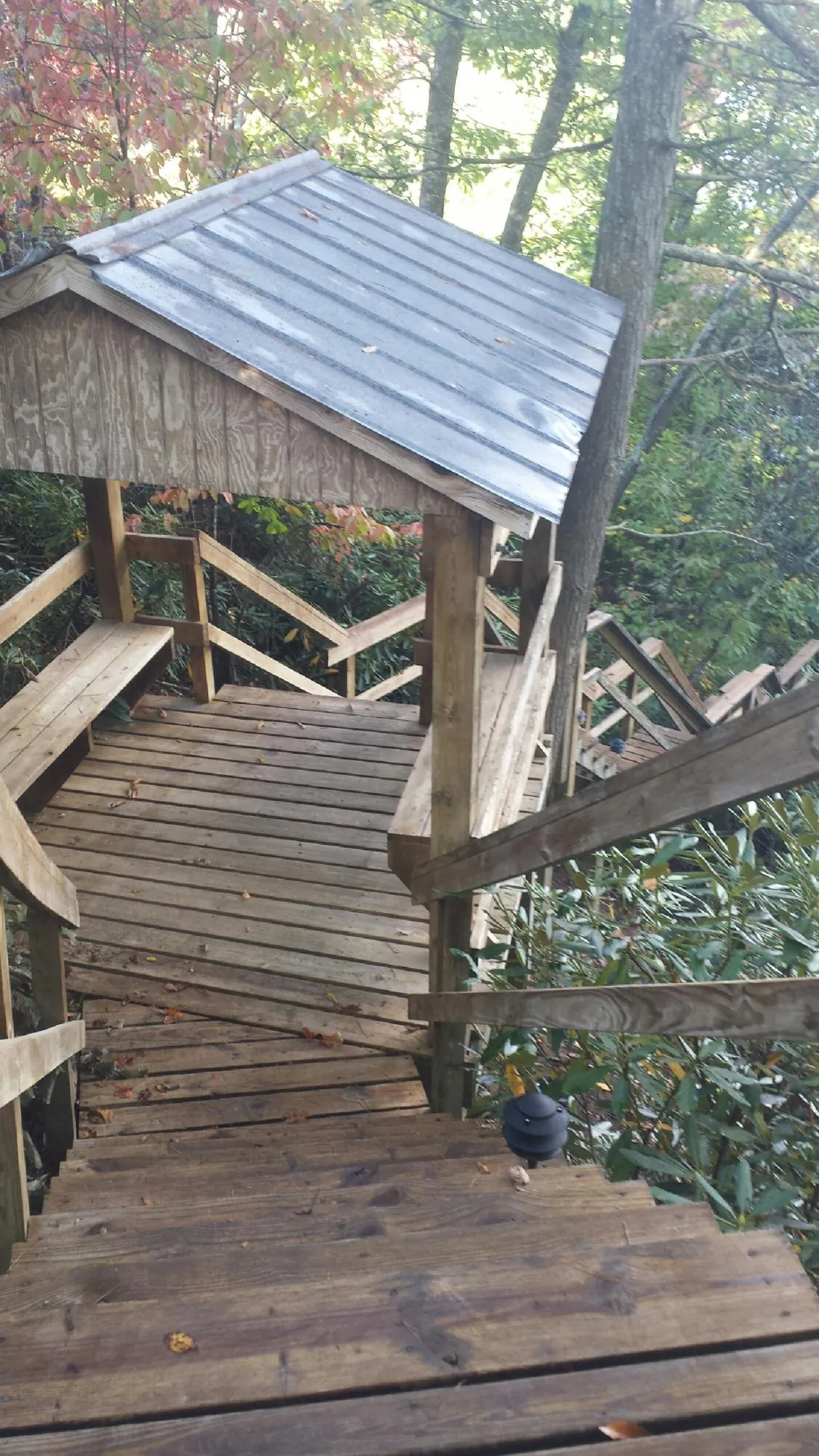 Metal roofed shelter over wooden steps on a wooded walkway — Skylight Repair & Installation work by our crew in Nakina
